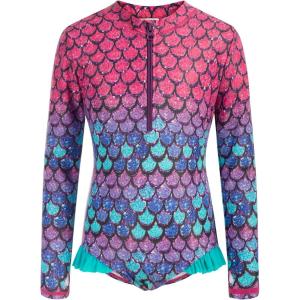 GRACE KARIN Girls One Piece Swimsuits Long Sleeve Bathing Suits Swimwear 5-14Y(Pink Purple Fish Scale)
