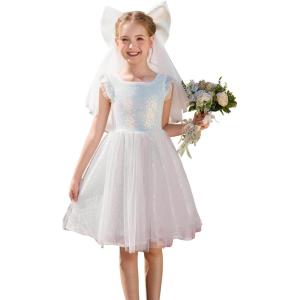 GRACE KARIN Girls Party Sequin Dress Size 6-12Y, Kids Birthday Dance Formal Sparkly Dresses, Wedding Flower Girl Dress(Shiny White)
