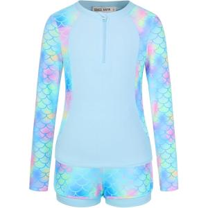 GRACE KARIN Girls Rash Guard Swimsuits 2 Piece Long Sleeve Bathing Suit UPF 50+ Summer Swimwear Size 6-12Y(Blue Mermaid)