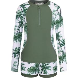 GRACE KARIN Girls Rash Guard Swimsuits 2 Piece Long Sleeve Bathing Suit UPF 50+ Summer Swimwear Size 6-12Y(Green Coconut Tree)