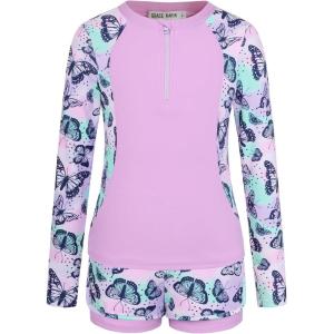 GRACE KARIN Girls Rash Guard Swimsuits 2 Piece Long Sleeve Bathing Suit UPF 50+ Summer Swimwear Size 6-12Y(Purple Butterfly)