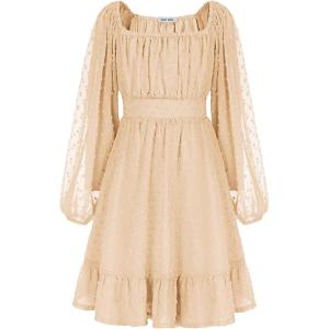 GRACE KARIN Girls Ruffle Tiered Dress Long Sleeve Swiss Dot Flowy A-Line Dress 6-14Y(Apricot)