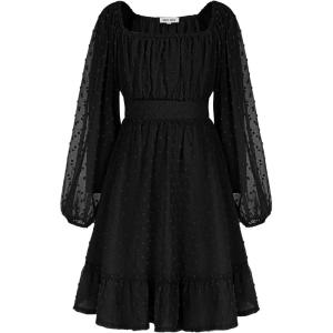 GRACE KARIN Girls Ruffle Tiered Dress Long Sleeve Swiss Dot Flowy A-Line Dress 6-14Y(Black)