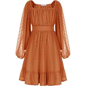 GRACE KARIN Girls Ruffle Tiered Dress Long Sleeve Swiss Dot Flowy A-Line Dress 6-14Y(Burnt Orange)