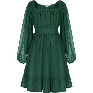 GRACE KARIN Girls Ruffle Tiered Dress Long Sleeve Swiss Dot Flowy A-Line Dress 6-14Y(Dark Green)