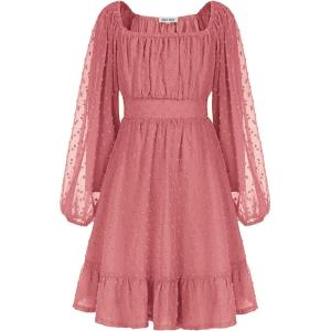 GRACE KARIN Girls Ruffle Tiered Dress Long Sleeve Swiss Dot Flowy A-Line Dress 6-14Y(Dusty Rose)