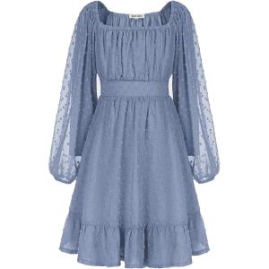 GRACE KARIN Girls Ruffle Tiered Dress Long Sleeve Swiss Dot Flowy A-Line Dress 6-14Y(Gray Blue)
