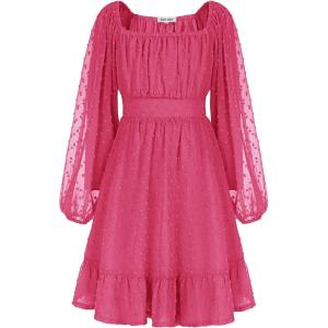 GRACE KARIN Girls Ruffle Tiered Dress Long Sleeve Swiss Dot Flowy A-Line Dress 6-14Y(Hot Pink)