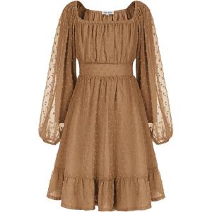 GRACE KARIN Girls Ruffle Tiered Dress Long Sleeve Swiss Dot Flowy A-Line Dress 6-14Y(Khaki)