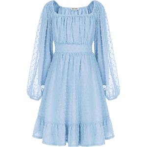 GRACE KARIN Girls Ruffle Tiered Dress Long Sleeve Swiss Dot Flowy A-Line Dress 6-14Y(Light Blue)