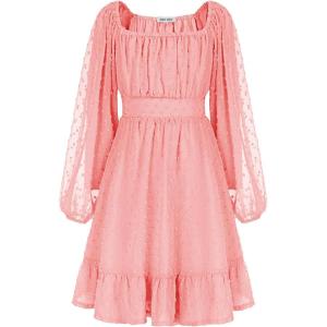 GRACE KARIN Girls Ruffle Tiered Dress Long Sleeve Swiss Dot Flowy A-Line Dress 6-14Y(Light Pink)