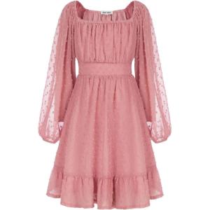 GRACE KARIN Girls Ruffle Tiered Dress Long Sleeve Swiss Dot Flowy A-Line Dress 6-14Y(Pink)