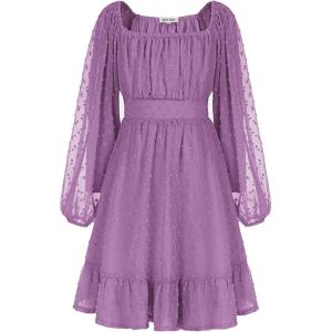 GRACE KARIN Girls Ruffle Tiered Dress Long Sleeve Swiss Dot Flowy A-Line Dress 6-14Y(Plum)