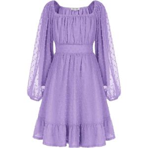 GRACE KARIN Girls Ruffle Tiered Dress Long Sleeve Swiss Dot Flowy A-Line Dress 6-14Y(Purple)