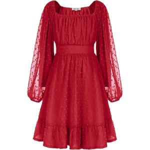 GRACE KARIN Girls Ruffle Tiered Dress Long Sleeve Swiss Dot Flowy A-Line Dress 6-14Y(Red)