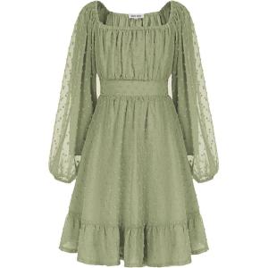 GRACE KARIN Girls Ruffle Tiered Dress Long Sleeve Swiss Dot Flowy A-Line Dress 6-14Y(Sage Green)