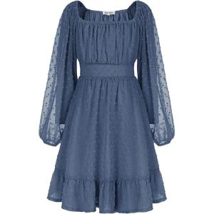 GRACE KARIN Girls Ruffle Tiered Dress Long Sleeve Swiss Dot Flowy A-Line Dress 6-14Y(Steel Blue)