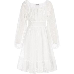 GRACE KARIN Girls Ruffle Tiered Dress Long Sleeve Swiss Dot Flowy A-Line Dress 6-14Y(White)