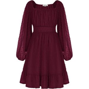 GRACE KARIN Girls Ruffle Tiered Dress Long Sleeve Swiss Dot Flowy A-Line Dress 6-14Y(Wine)