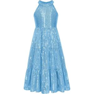 GRACE KARIN Girls Sequin Dress Formal Party Elegant Fancy Girls Maxi Long Dress for 5-14Y(Blue)