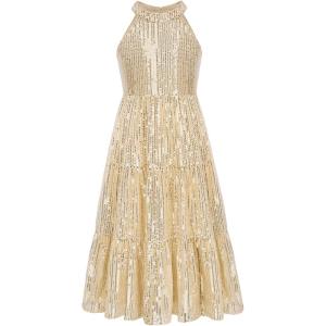 GRACE KARIN Girls Sequin Dress Formal Party Elegant Fancy Girls Maxi Long Dress for 5-14Y(Light Gold)