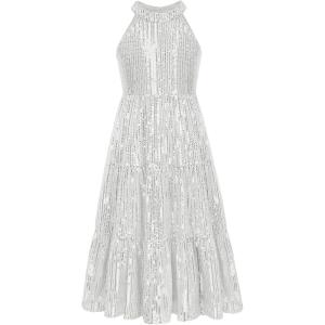 GRACE KARIN Girls Sequin Dress Formal Party Elegant Fancy Girls Maxi Long Dress for 5-14Y(Silver)