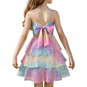 GRACE KARIN Girls Sequin Formal Dresses Kids Party Special Occasion Fancy Dress Tie Back 3 Layer Prom Graduation Outfits(Purple Gradient Iridescent)
