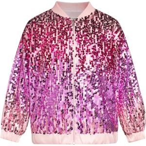 GRACE KARIN Girls Sequin Jacket Kids Bomber Zip Outwear Sparkle Fall Top Cardigan Dress Coat Size 5-14(Purple-pink)