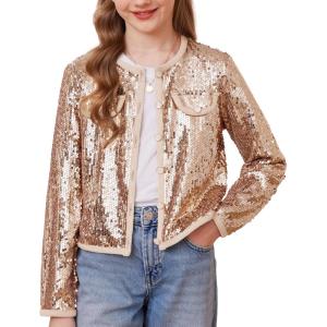 GRACE KARIN Girls Sequin Jackets Sparkle Dress Coats Button Cropped Cardigan for Kids 5-14(Champagne)