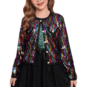 GRACE KARIN Girls Sequin Jackets Sparkle Dress Coats Button Cropped Cardigan for Kids 5-14(Colorful Black)