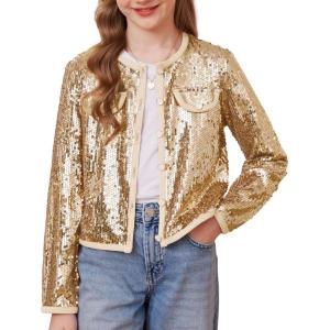 GRACE KARIN Girls Sequin Jackets Sparkle Dress Coats Button Cropped Cardigan for Kids 5-14(Gold)