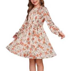 GRACE KARIN Girls’ Spring Long Sleeve Dresses Kids Floral Winter Formal Dress Girl Casual Fancy Midi Clothes Size 6-14(Beige Floral)
