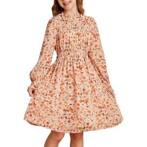 GRACE KARIN Girls’ Spring Long Sleeve Dresses Kids Floral Winter Formal Dress Girl Casual Fancy Midi Clothes Size 6-14(Beige Flower)