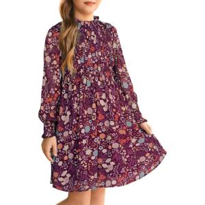 GRACE KARIN Girls’ Spring Long Sleeve Dresses Kids Floral Winter Formal Dress Girl Casual Fancy Midi Clothes Size 6-14(Burgundy Flower)