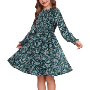 GRACE KARIN Girls’ Spring Long Sleeve Dresses Kids Floral Winter Formal Dress Girl Casual Fancy Midi Clothes Size 6-14(Green Floral)