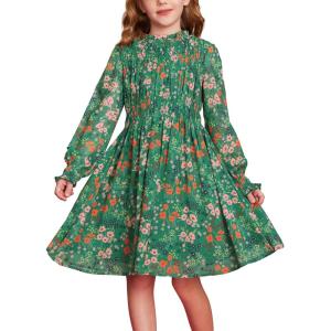 GRACE KARIN Girls’ Spring Long Sleeve Dresses Kids Floral Winter Formal Dress Girl Casual Fancy Midi Clothes Size 6-14(Green Flower)