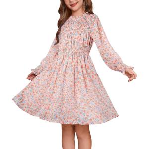 GRACE KARIN Girls’ Spring Long Sleeve Dresses Kids Floral Winter Formal Dress Girl Casual Fancy Midi Clothes Size 6-14(Light Pink Floral)