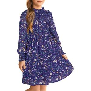 GRACE KARIN Girls’ Spring Long Sleeve Dresses Kids Floral Winter Formal Dress Girl Casual Fancy Midi Clothes Size 6-14(Purple Flower)