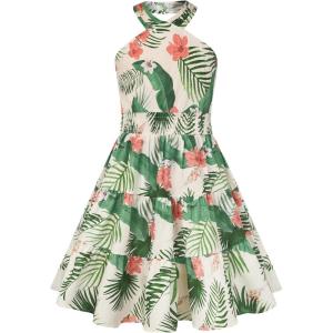 GRACE KARIN Girls Summer Dress Off Shoulder Floral A-line Midi Dress 5-14Y(Beige Tropical)