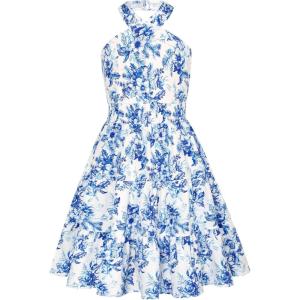 GRACE KARIN Girls Summer Dress Off Shoulder Floral A-line Midi Dress 5-14Y(Blue and White)