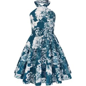 GRACE KARIN Girls Summer Dress Off Shoulder Floral A-line Midi Dress 5-14Y(Dark Blue Floral)