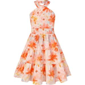 GRACE KARIN Girls Summer Dress Off Shoulder Floral A-line Midi Dress 5-14Y(Orange Tropical)