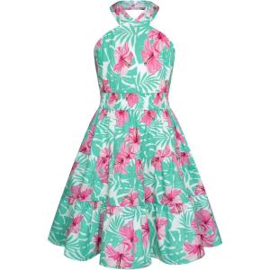 GRACE KARIN Girls Summer Dress Off Shoulder Floral A-line Midi Dress 5-14Y(Teal Tropical)