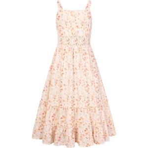 GRACE KARIN Girls Summer Floral Dress Kids Long Spring Easter Dresses Teens Button Front Straps Flower Hawaiian Sundress 7-14(Orange Floral)