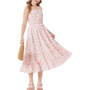 GRACE KARIN Girls Summer Floral Dress Kids Long Spring Easter Dresses Teens Button Front Straps Flower Hawaiian Sundress 7-14(Pink Floral)