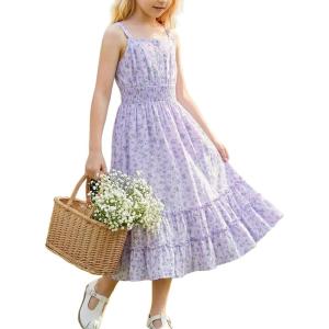 GRACE KARIN Girls Summer Floral Dress Kids Long Spring Easter Dresses Teens Button Front Straps Flower Hawaiian Sundress 7-14(Purple Floral)