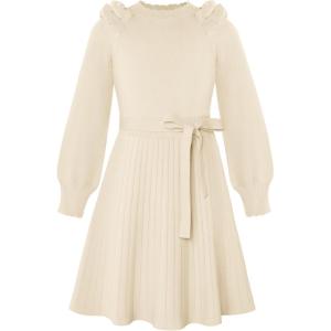 GRACE KARIN Girls Sweater Dress Fall Winter Knit Long Sleeve Ribbed Ruffle Waist Tie Size 5-12 Cream(Cream)