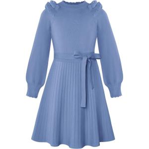 GRACE KARIN Girls Sweater Dress Fall Winter Knit Long Sleeve Ribbed Ruffle Waist Tie Size 5-12 Cream(Kleinland)
