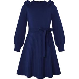 GRACE KARIN Girls Sweater Dress Fall Winter Knit Long Sleeve Ribbed Ruffle Waist Tie Size 5-12 Cream(Navy Blue)