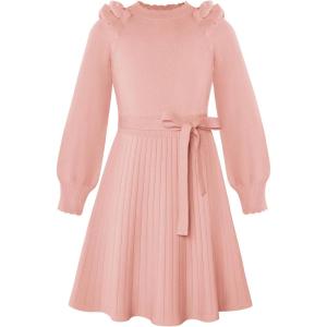 GRACE KARIN Girls Sweater Dress Fall Winter Knit Long Sleeve Ribbed Ruffle Waist Tie Size 5-12 Cream(Pink)